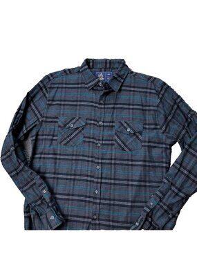 Rugby University Button Shirt Mens L Large Blue Gray Polo Plaid Long Sleeve RL